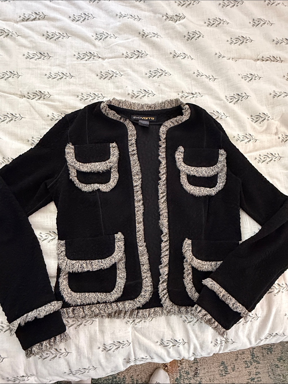 Black Bouclé Trim Jacket with Contrast Fringe